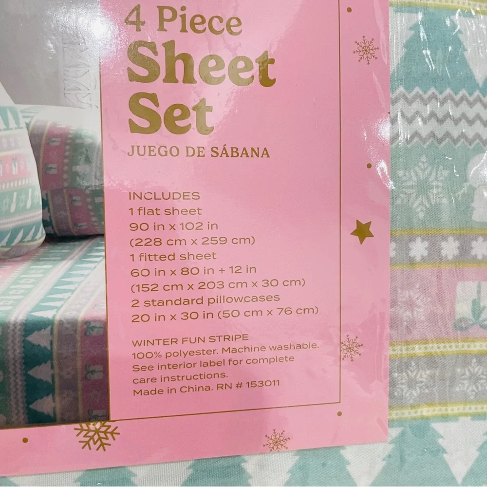 NEW Queen 4 Piece Sheet‎ Set Winter Fun Stripe Christmas Snowman Trees Mint Pink
